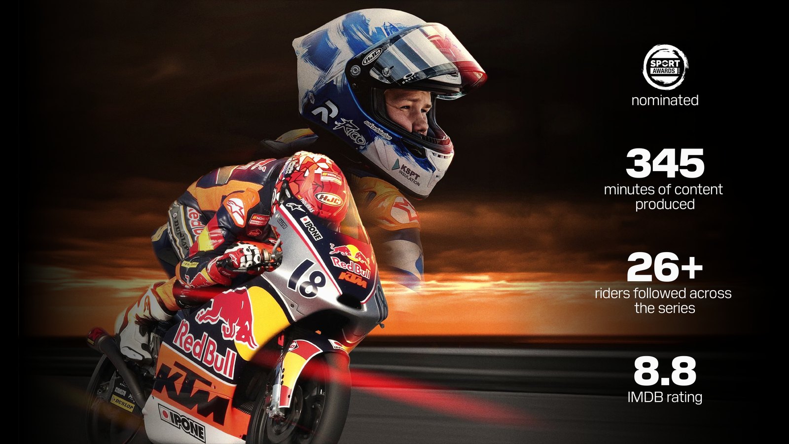 A Red Bull Rookies Cup rider cranked over at sunset, with the series in numbers: Sport Awards nominated, 345 minutes of content produced, 26+ riders followed across the series, an 8.8 IMDb rating