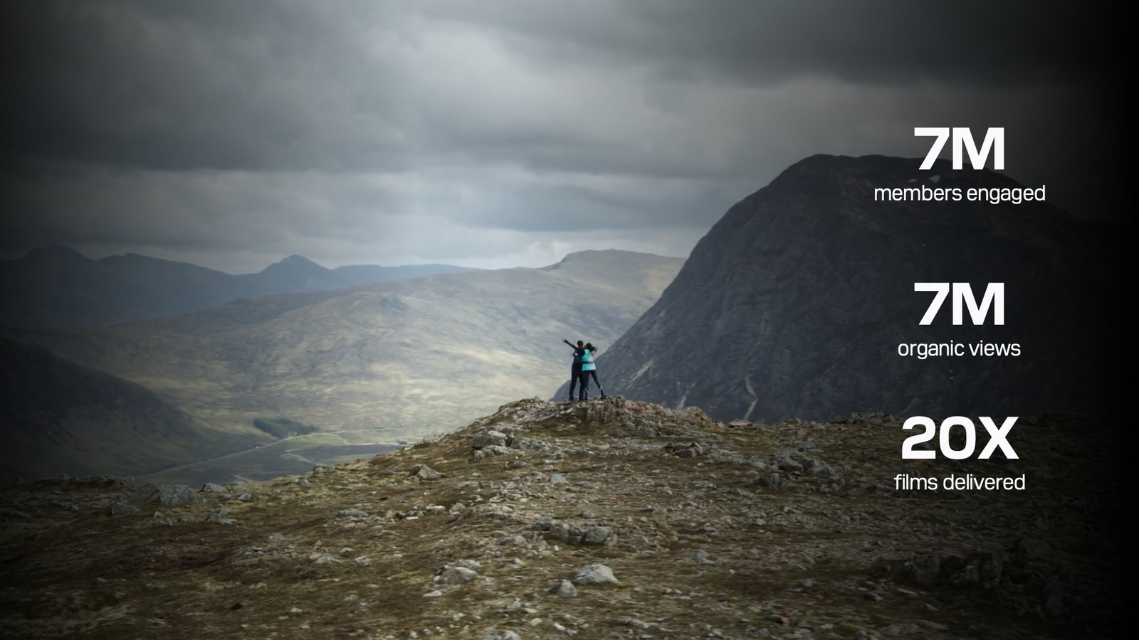 Two walkers embracing on a Scottish summit above a glen